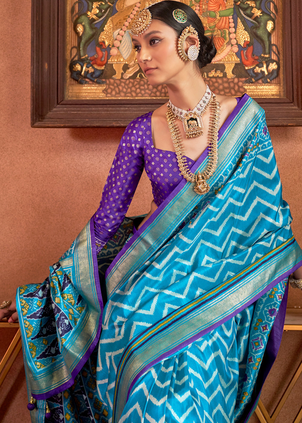 Cerulean Blue Patola Printed Silk Saree with Contrast Blouse