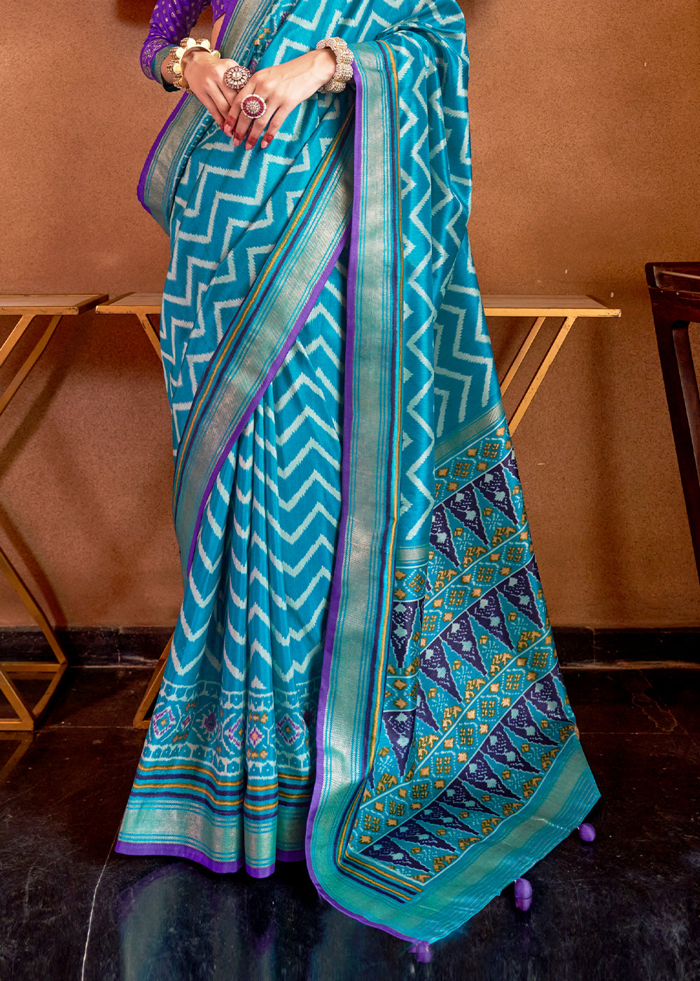 Cerulean Blue Patola Printed Silk Saree with Contrast Blouse