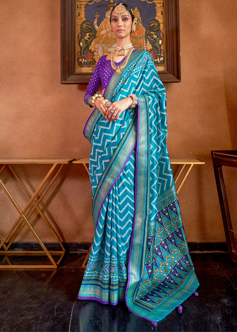 Cerulean Blue Patola Printed Silk Saree with Contrast Blouse