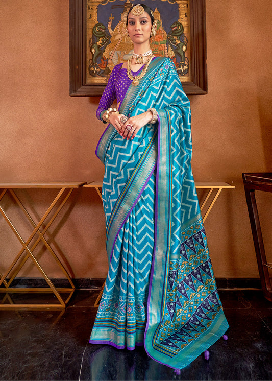 Cerulean Blue Patola Printed Silk Saree with Contrast Blouse