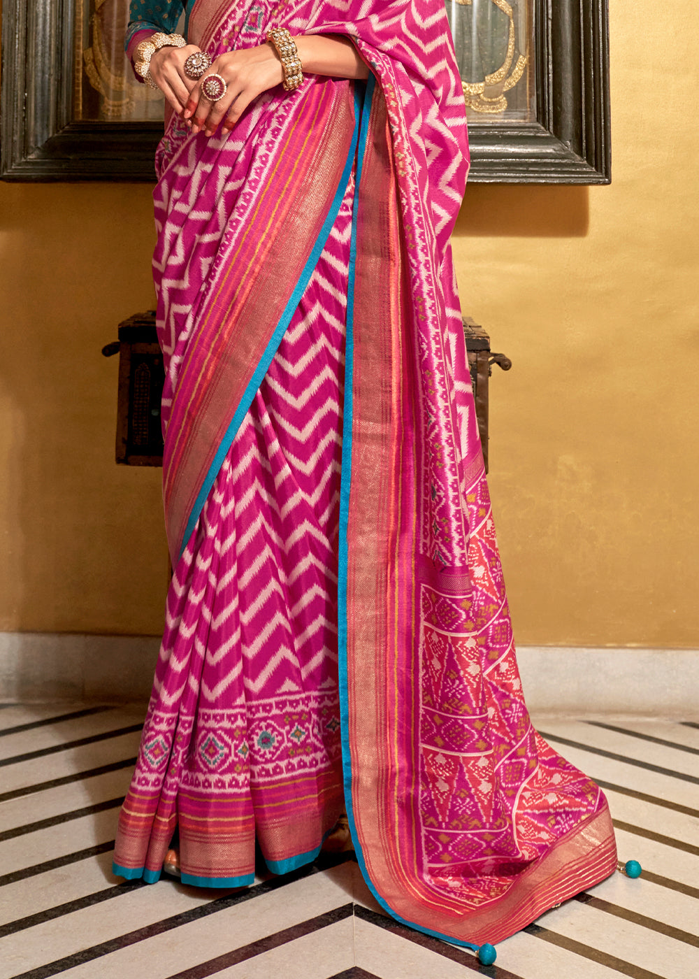 Magenta Pink Patola Printed Silk Saree with Contrast Blouse