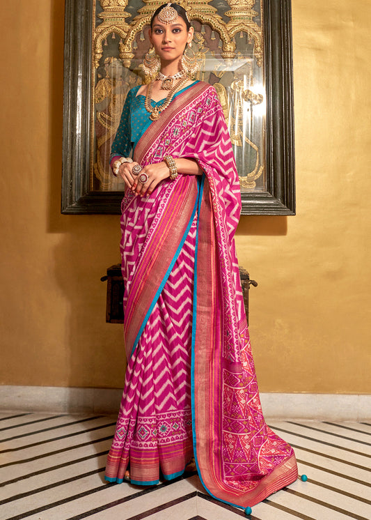 Magenta Pink Patola Printed Silk Saree with Contrast Blouse