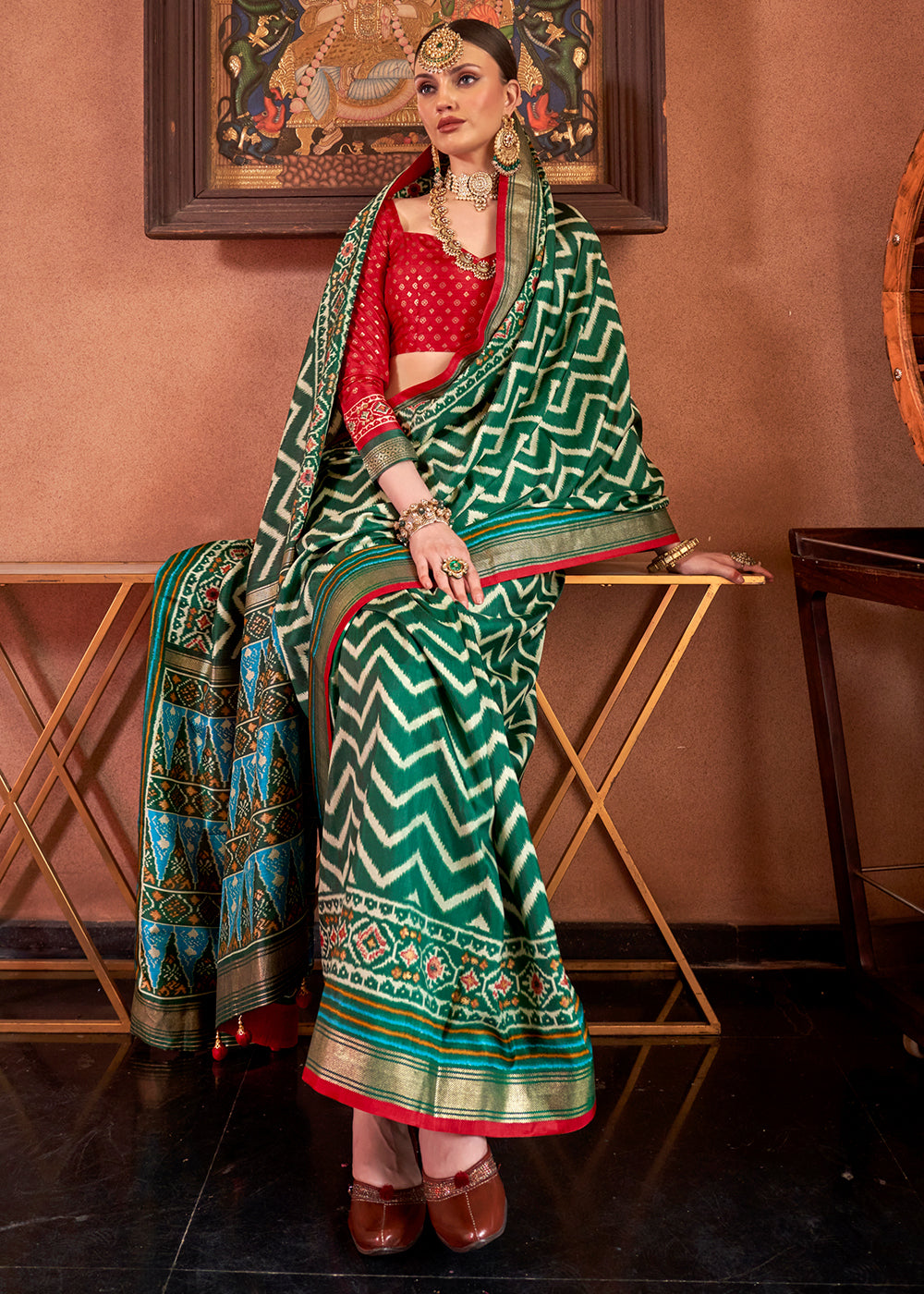 Dark Green Patola Printed Silk Saree with Contrast Blouse