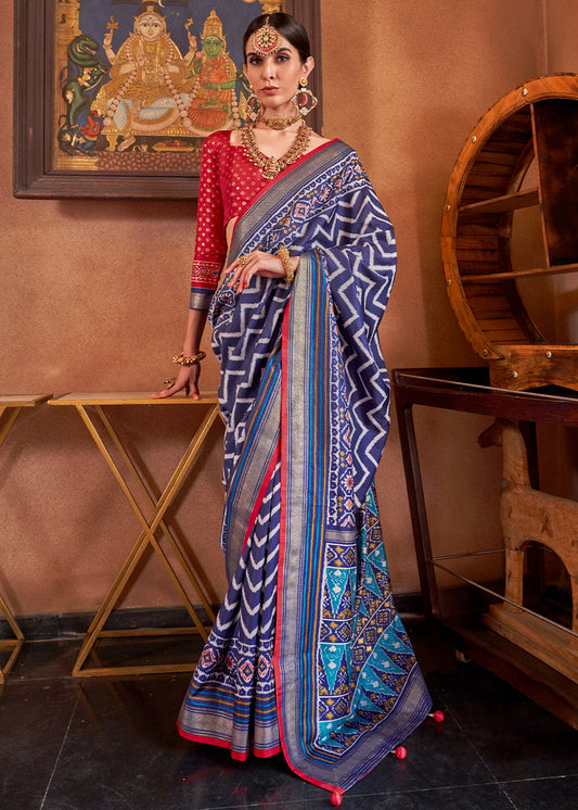 Admiral Blue Patola Printed Silk Saree with Contrast Blouse