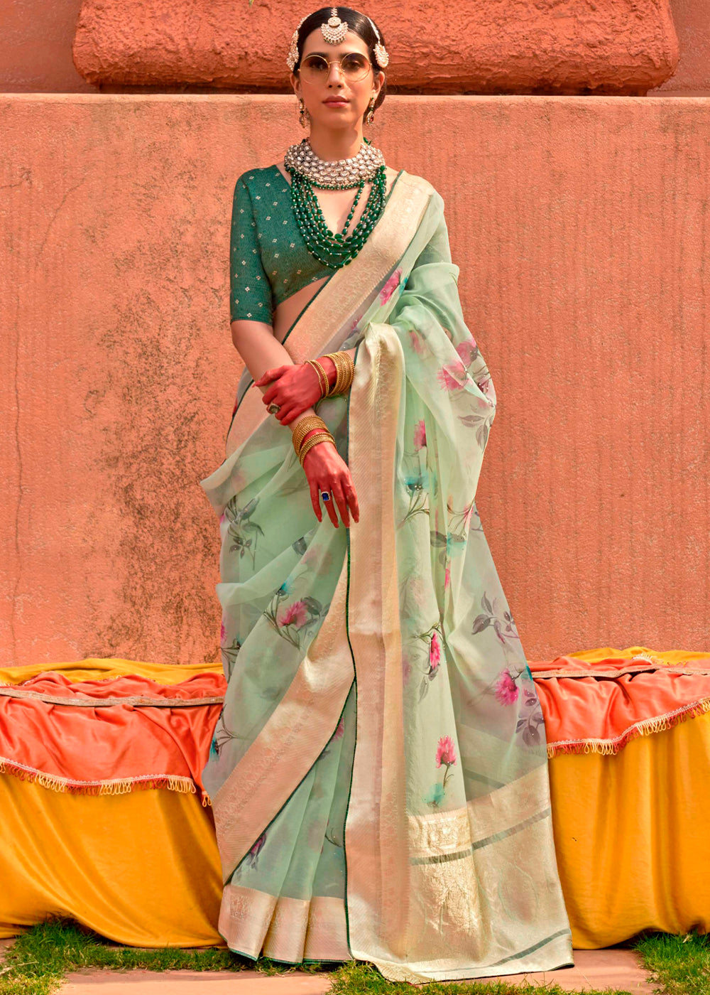 Light Green Floral Printed Designer Organza Silk Saree