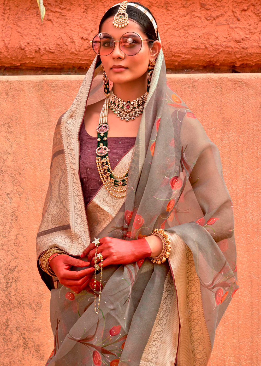 Greyish Brown Floral Printed Designer Organza Silk Saree