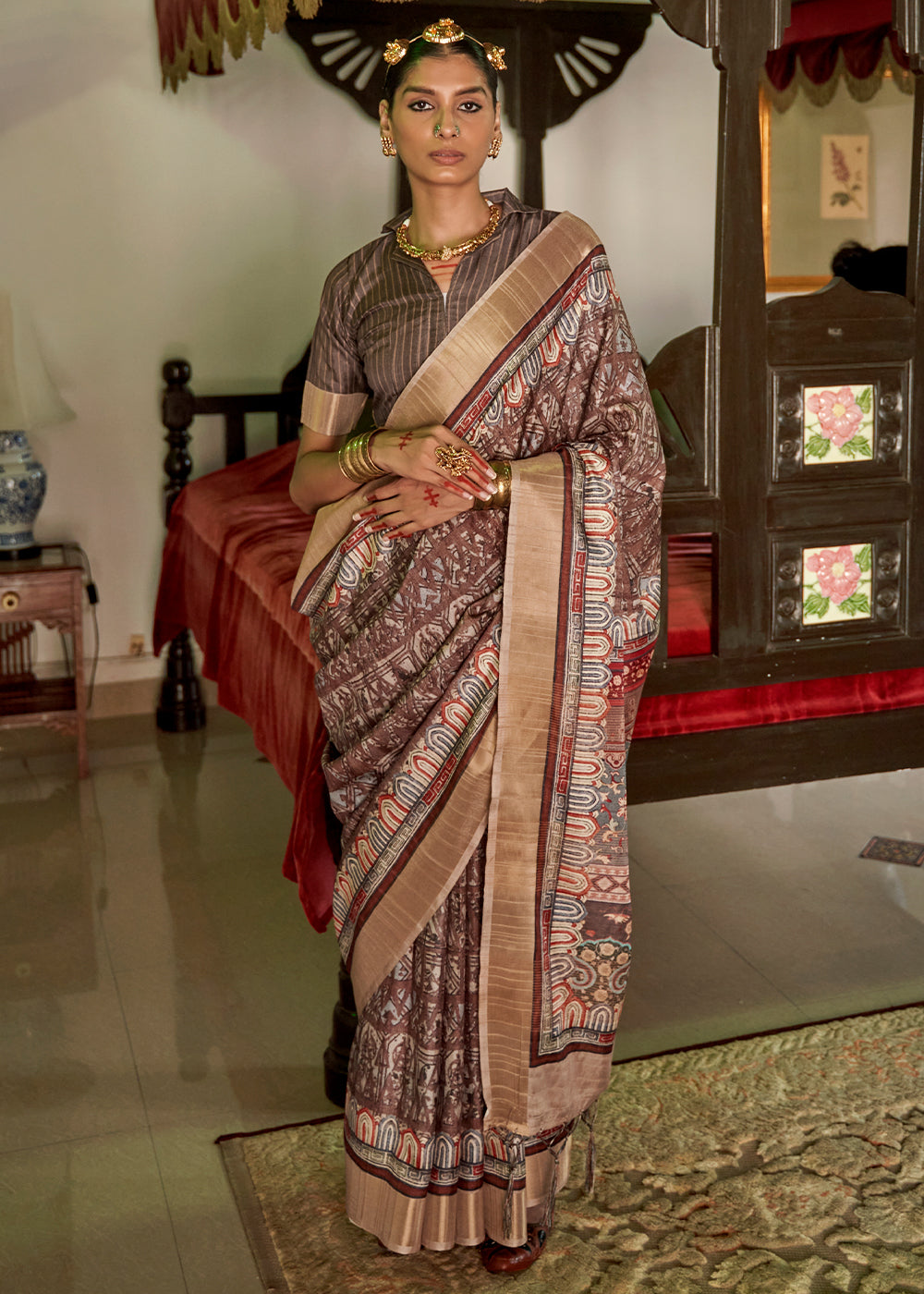 Dark Brown Designer Printed Silk Saree