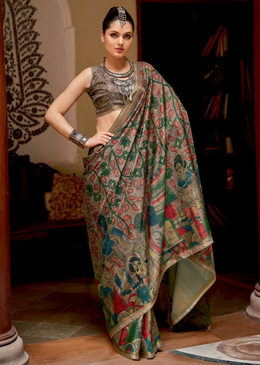 Shades Of Brown Kalamkari Printed Soft Silk Saree