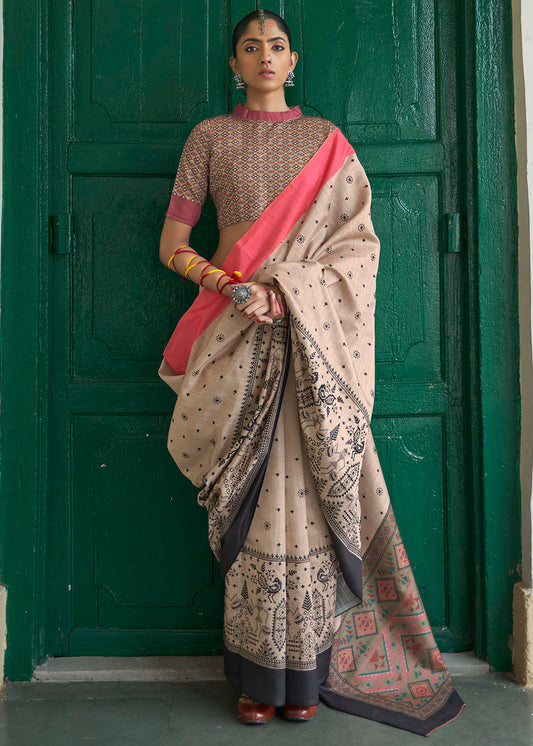 Brownish White Printed Designer Silk Saree