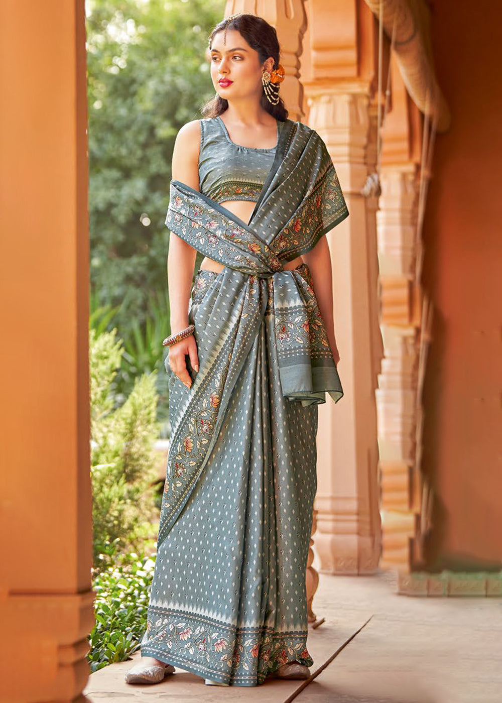 Light Blue Grey Designer Printed Silk Saree