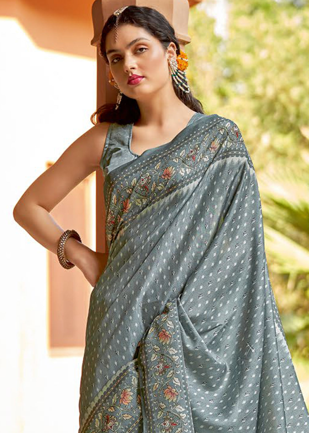 Light Blue Grey Designer Printed Silk Saree