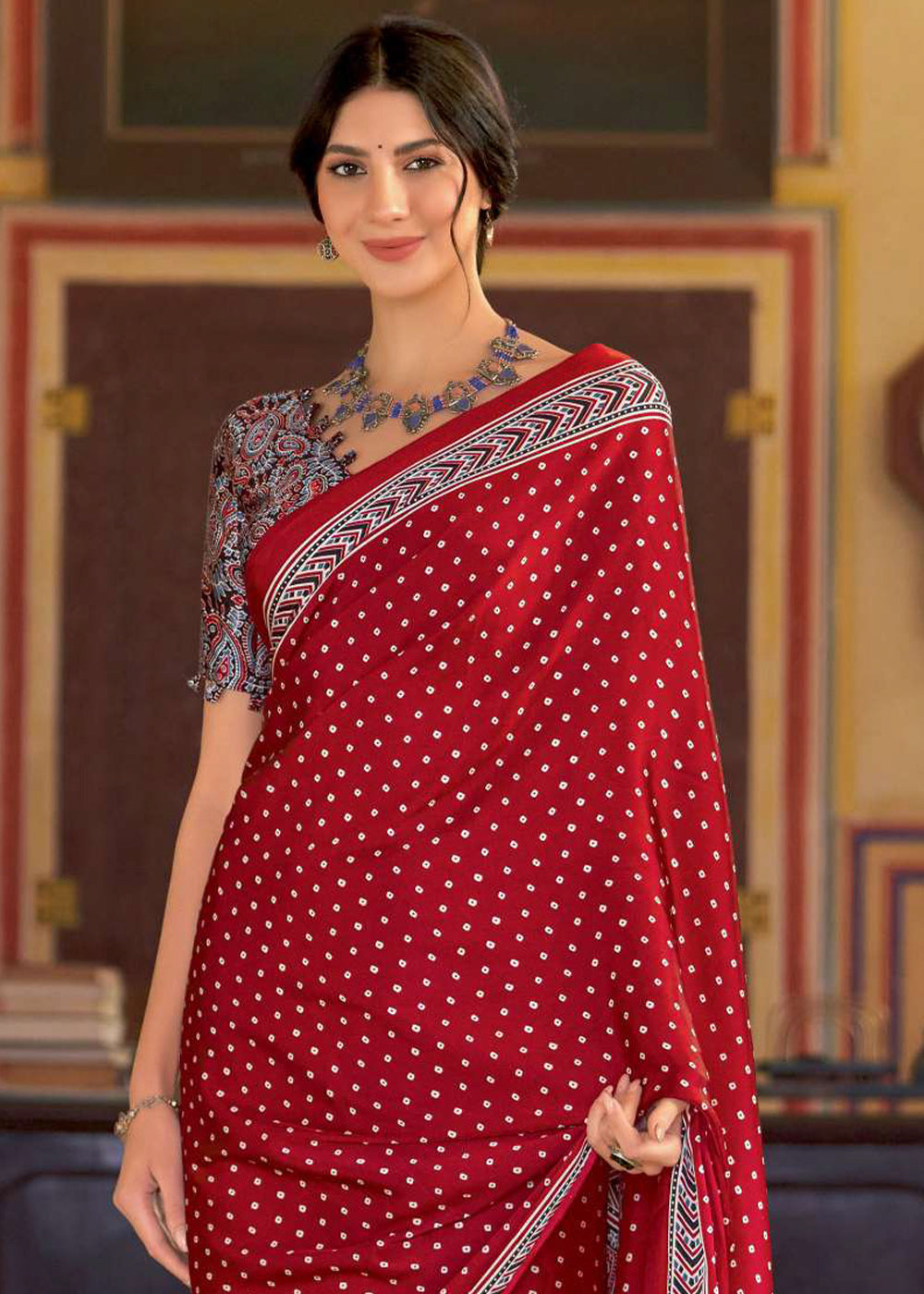 Crimson Red Ajrakh Printed Satin Crepe Saree:Summer Collection