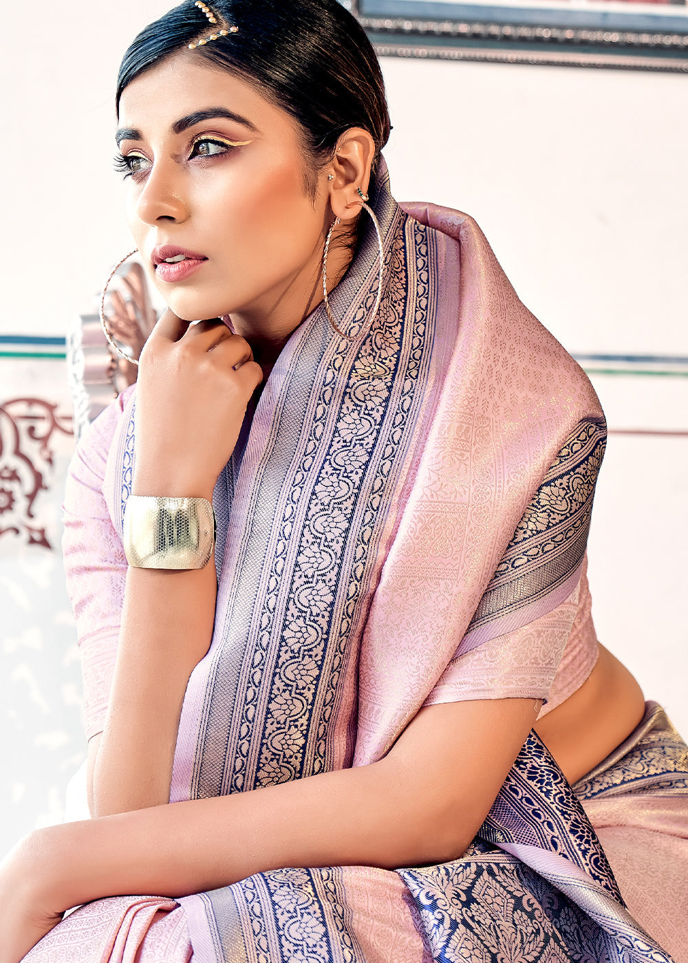 Light Pink & Blue Zari Woven Kanjivaram Silk Saree : Top Pick
