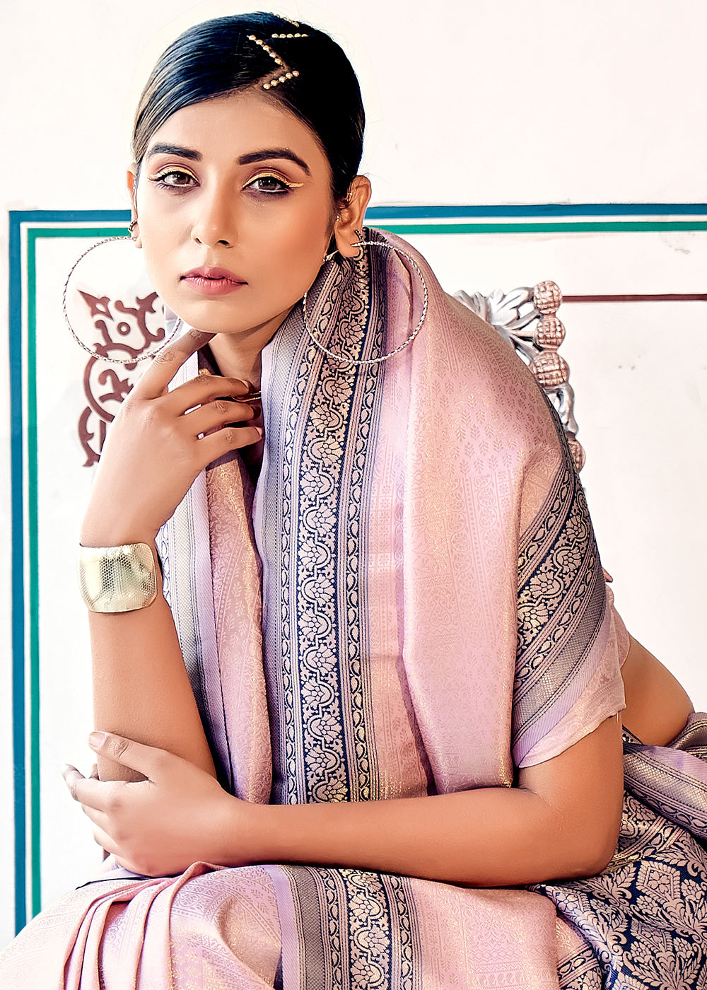 Light Pink & Blue Zari Woven Kanjivaram Silk Saree : Top Pick