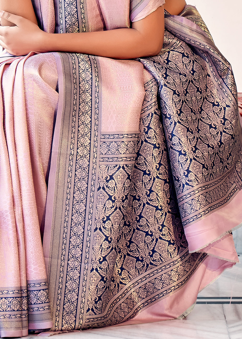 Light Pink & Blue Zari Woven Kanjivaram Silk Saree : Top Pick