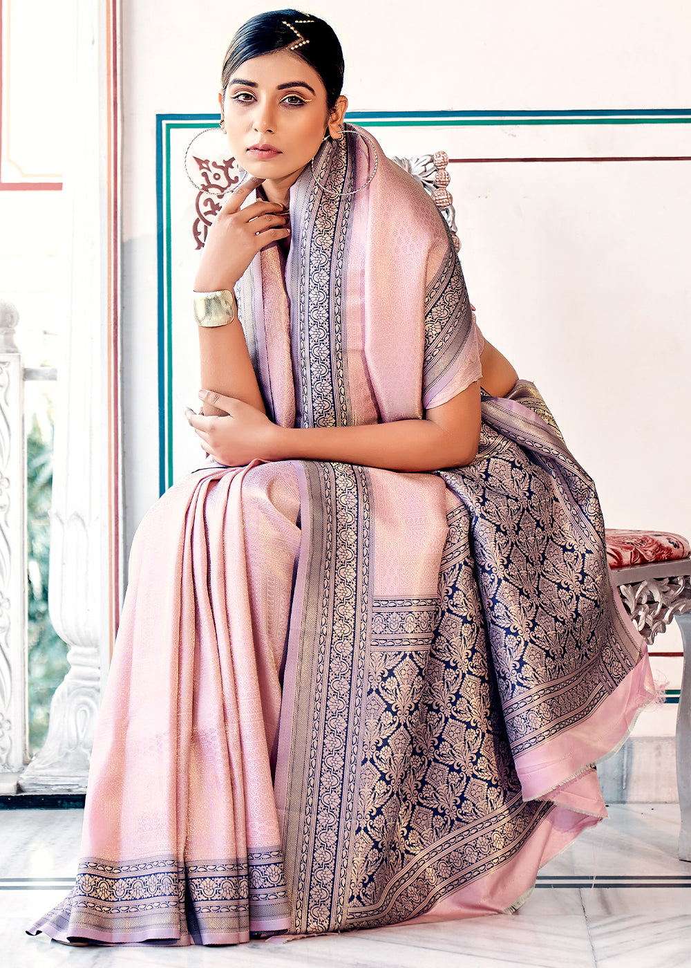 Light Pink & Blue Zari Woven Kanjivaram Silk Saree : Top Pick