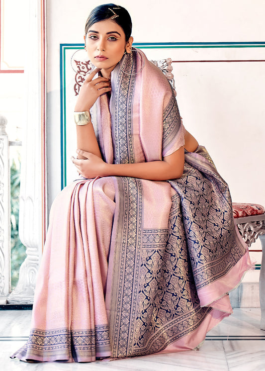 Light Pink & Blue Zari Woven Kanjivaram Silk Saree : Top Pick