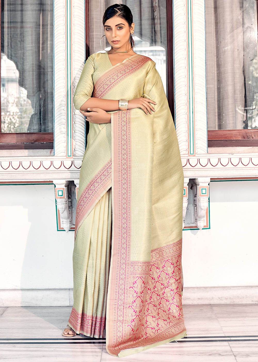 Tea Green & Pink Zari Woven Kanjivaram Silk Saree