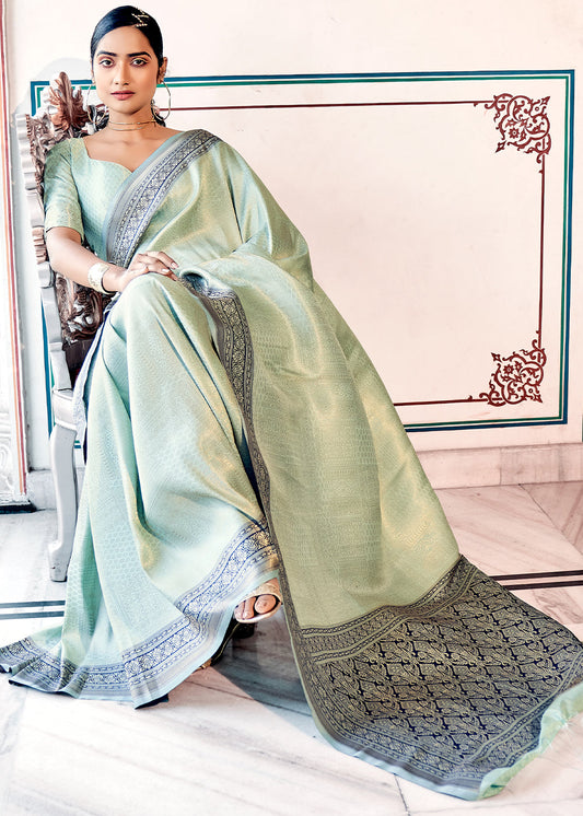 Light Pastel Green & Blue Zari Woven Kanjivaram Silk Saree