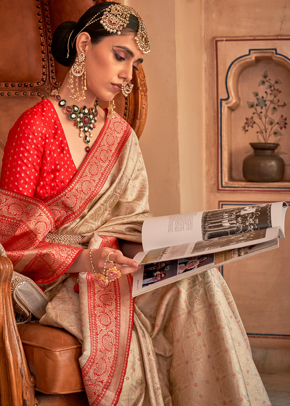 Brown & Red Zari Woven Banarasi Silk Saree