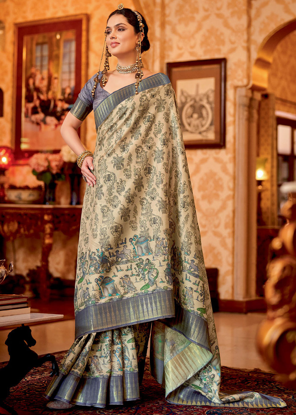 Blue & White Printed Silk Saree