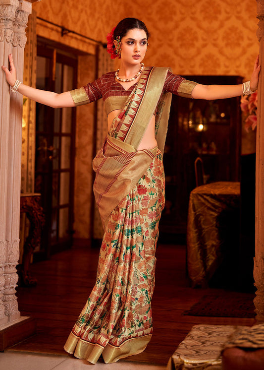 Beige Brown Floral Printed Manipuri Silk Saree