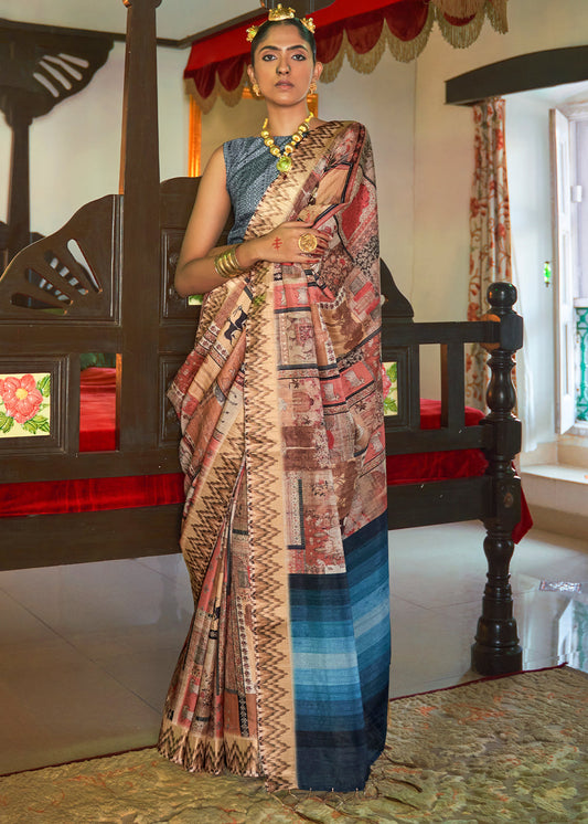 Brown & Blue Designer Printed Silk Saree