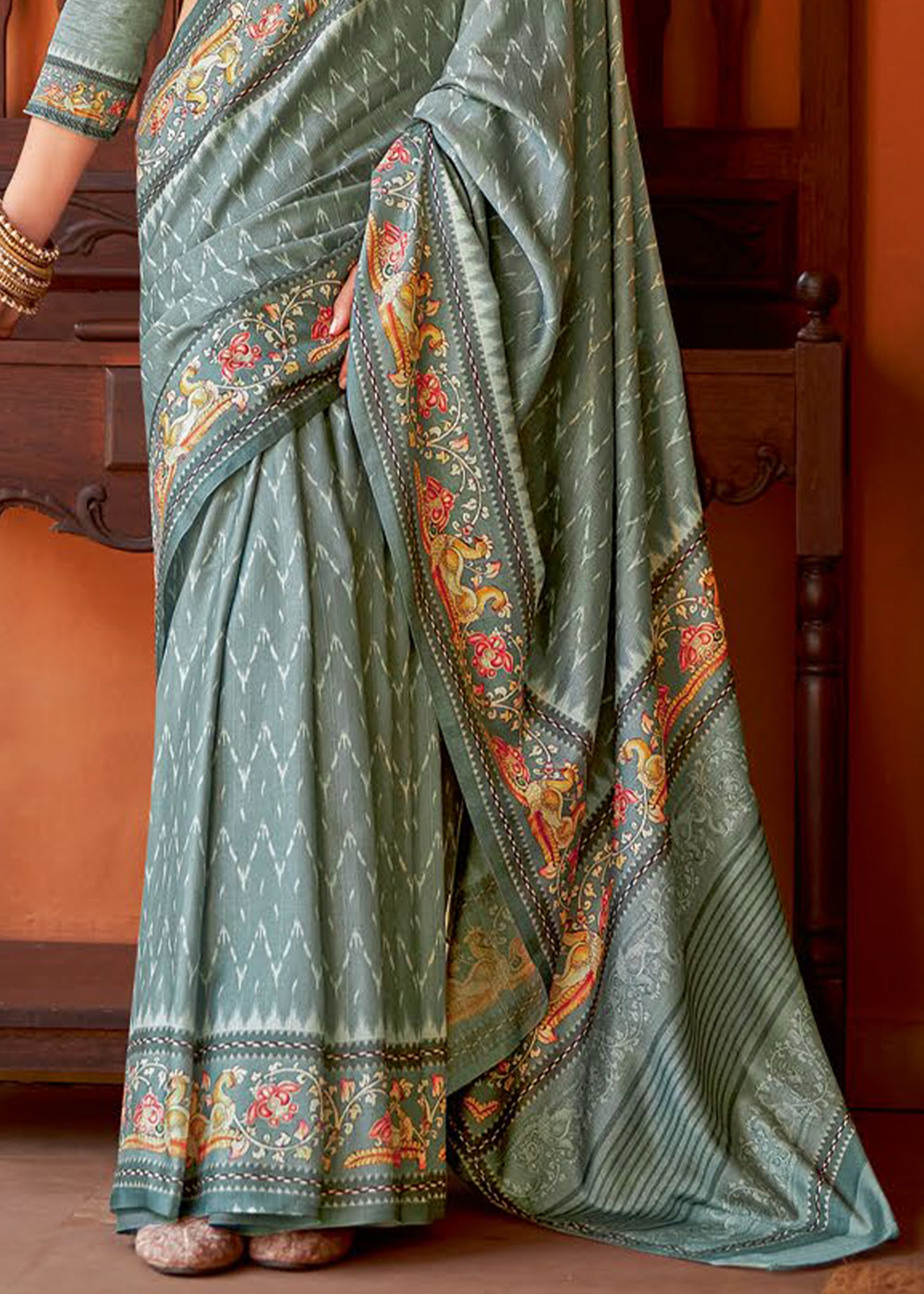 Sage Green Designer Printed Silk Saree