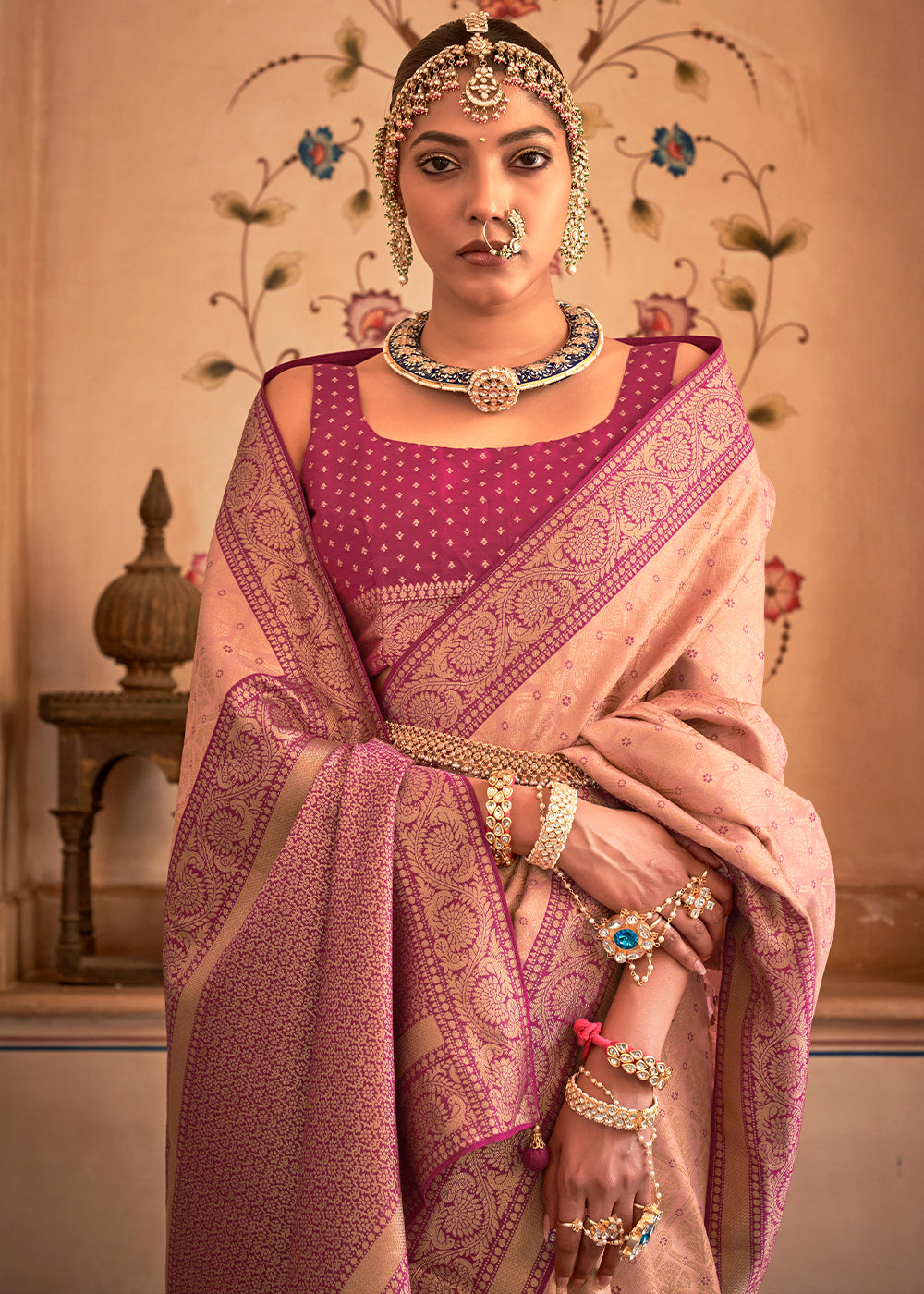 Light Peach Pink Zari Woven Banarasi Silk Saree