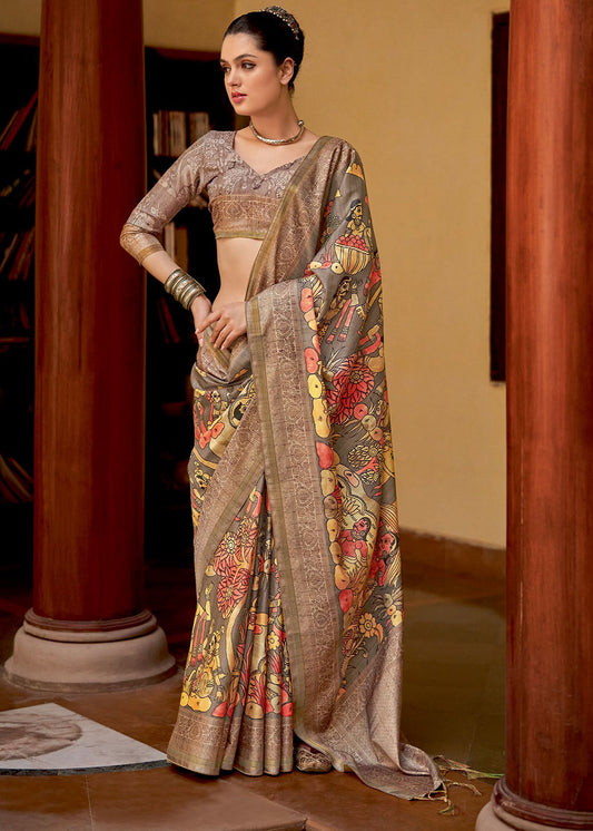 Shades Of Brown Kalamkari Printed Soft Silk Saree