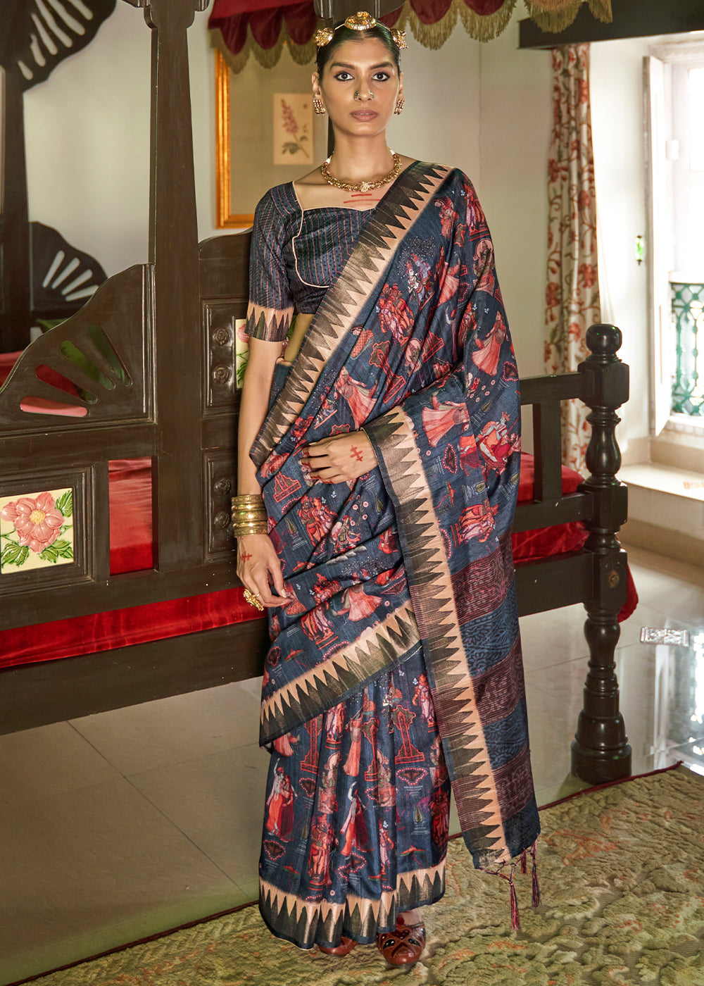 Space Blue Designer Printed Silk Saree