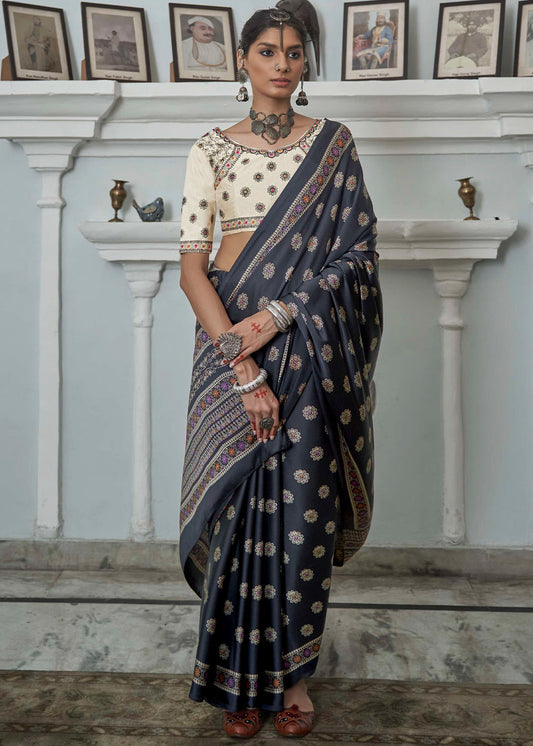 Onyx Black Gajji Silk Saree with Embroidery Blouse