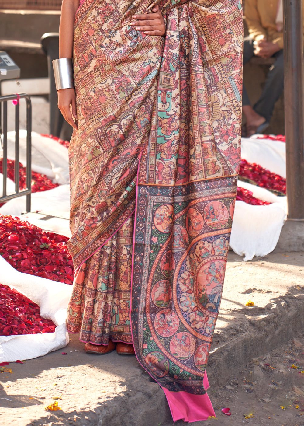 Neon Pink Madhubani Digital Printed Silk Saree