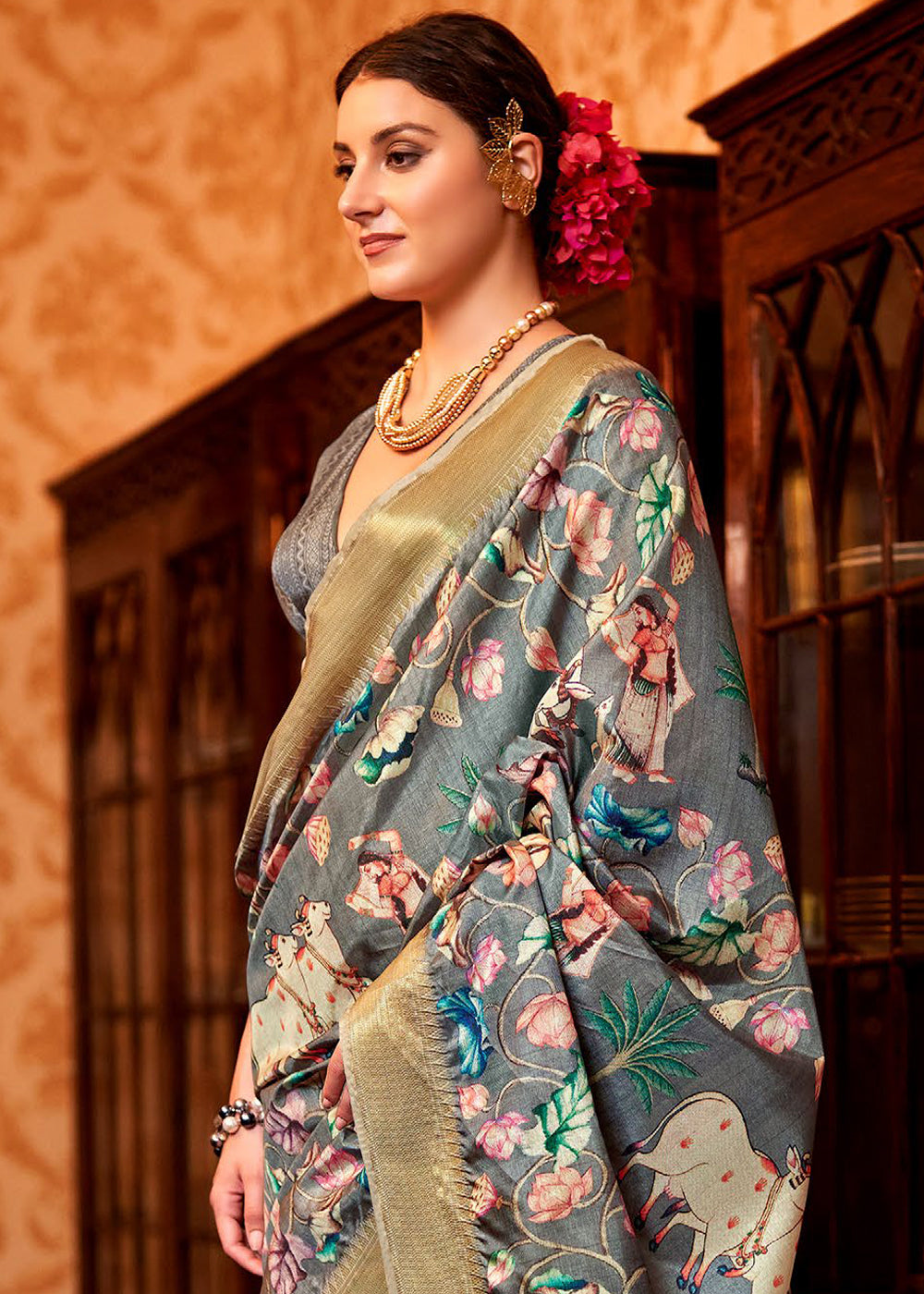 Smoke Grey Floral Printed Manipuri Silk Saree