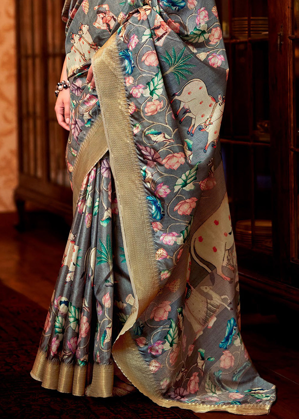 Smoke Grey Floral Printed Manipuri Silk Saree