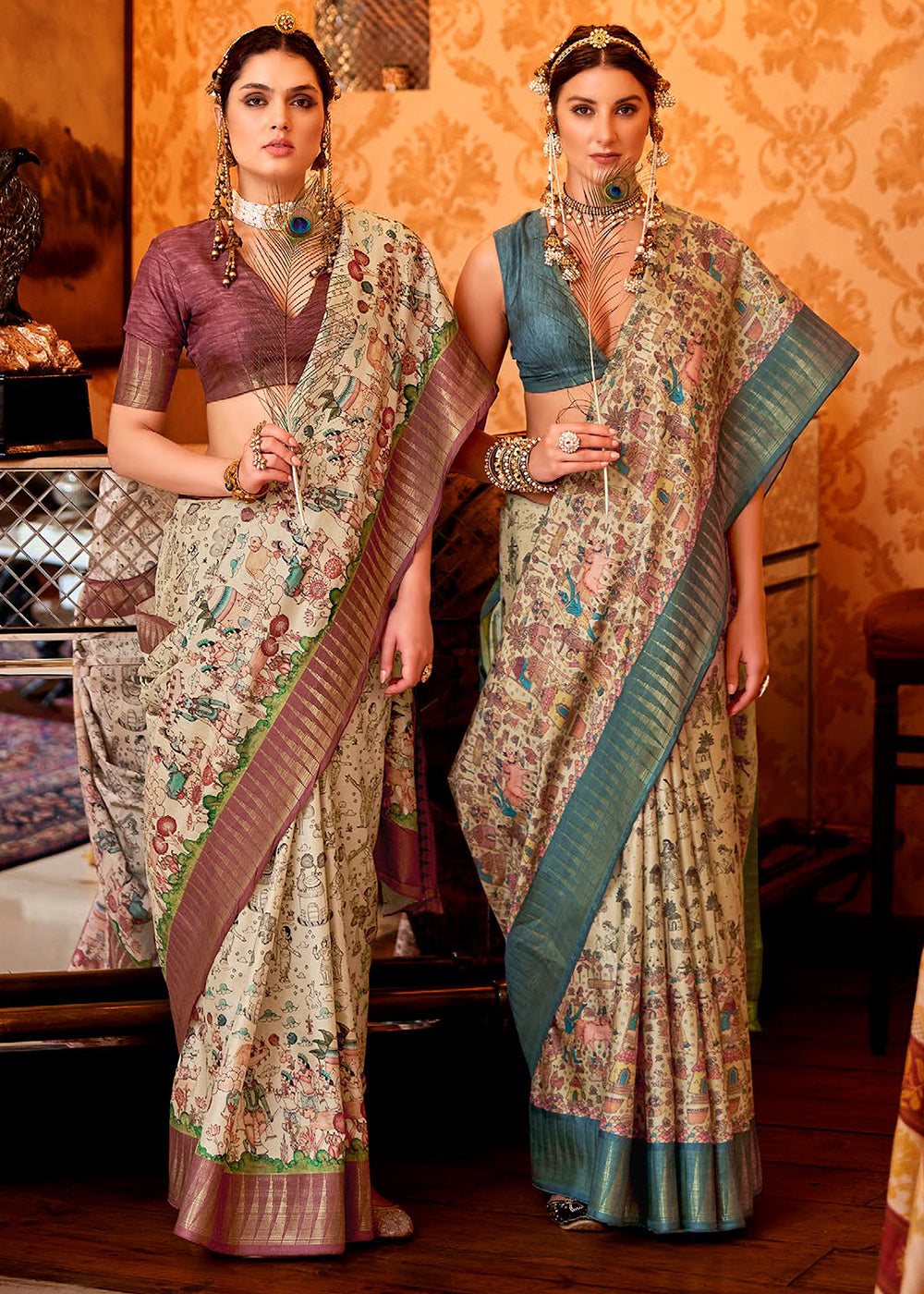 Green & White Printed Silk Saree