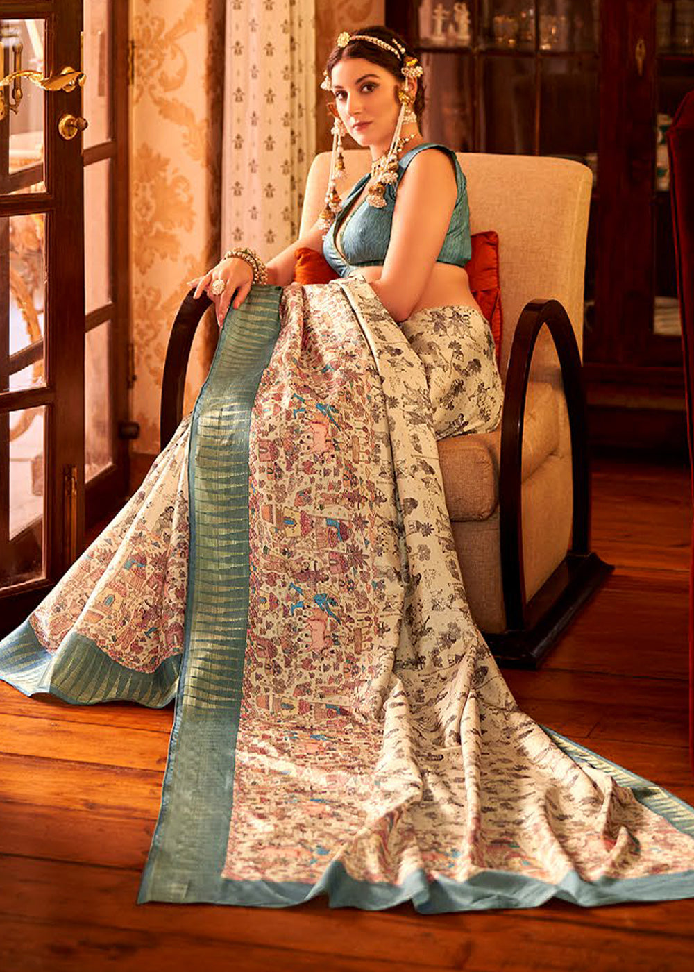 Cerulean Blue & White Printed Silk Saree