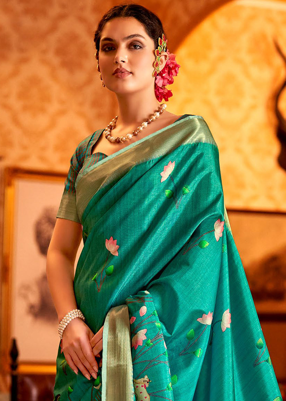 Jade Green Floral Printed Manipuri Silk Saree