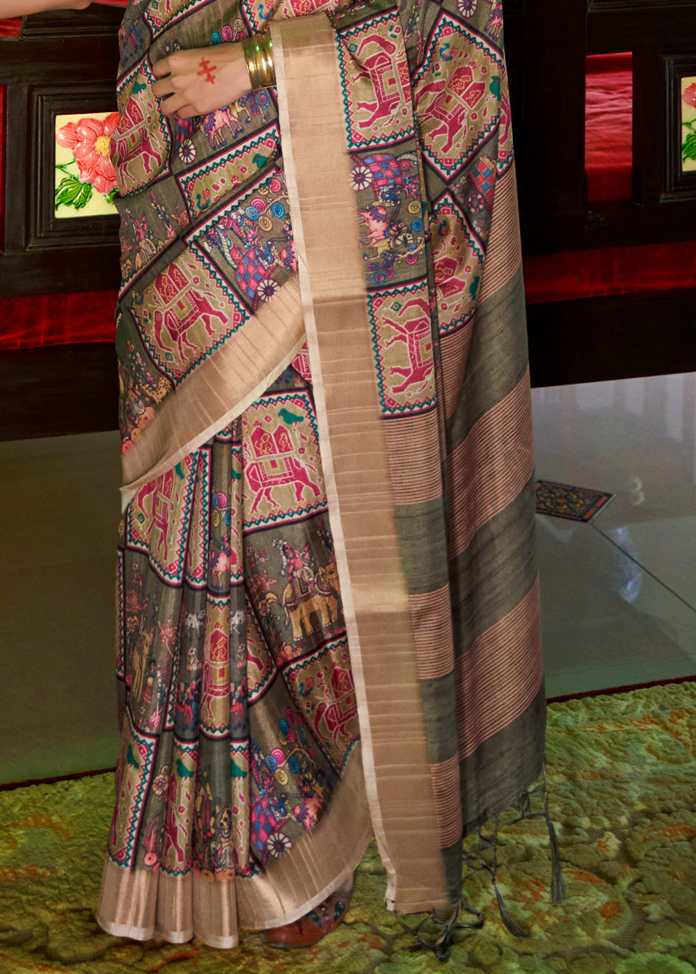 Charcoal Grey Designer Printed Silk Saree