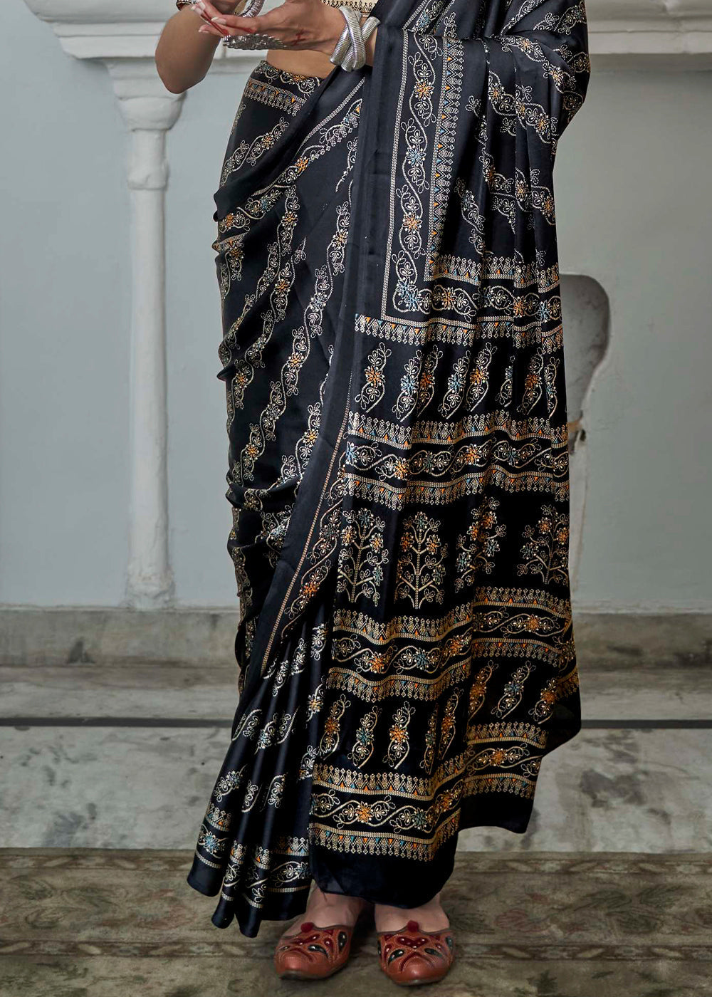 Charcoal Black Gajji Silk Saree with Embroidery Blouse