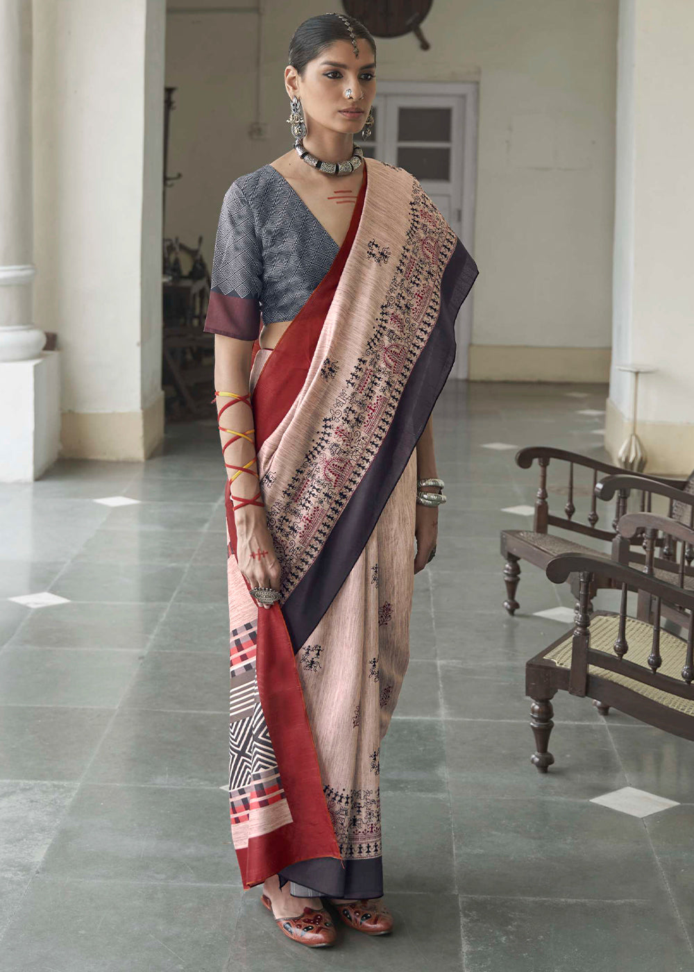 Off White Printed Designer Silk Saree