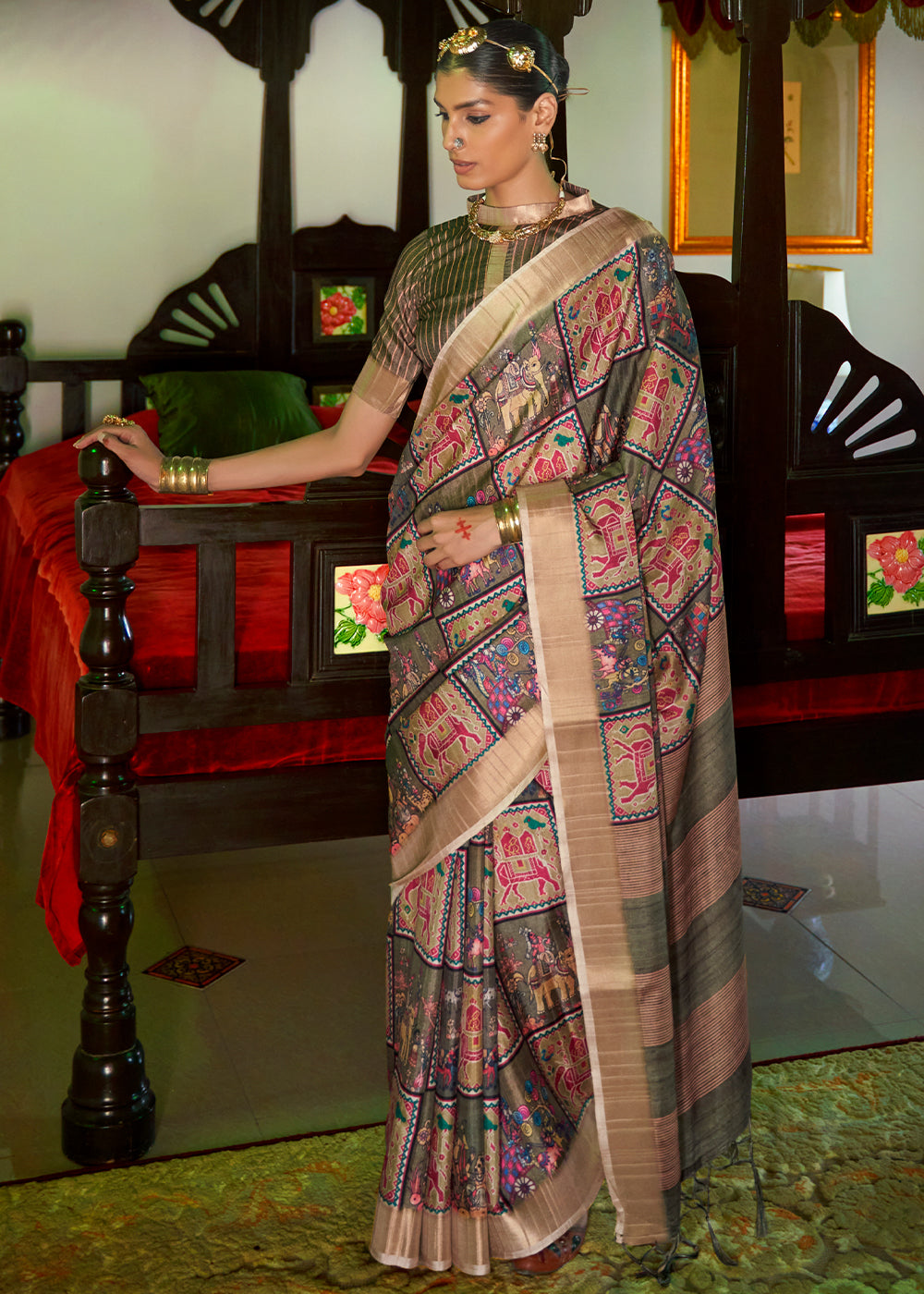 Charcoal Grey Designer Printed Silk Saree