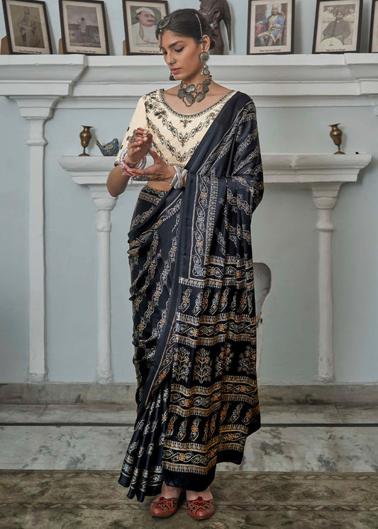 Charcoal Black Gajji Silk Saree with Embroidery Blouse