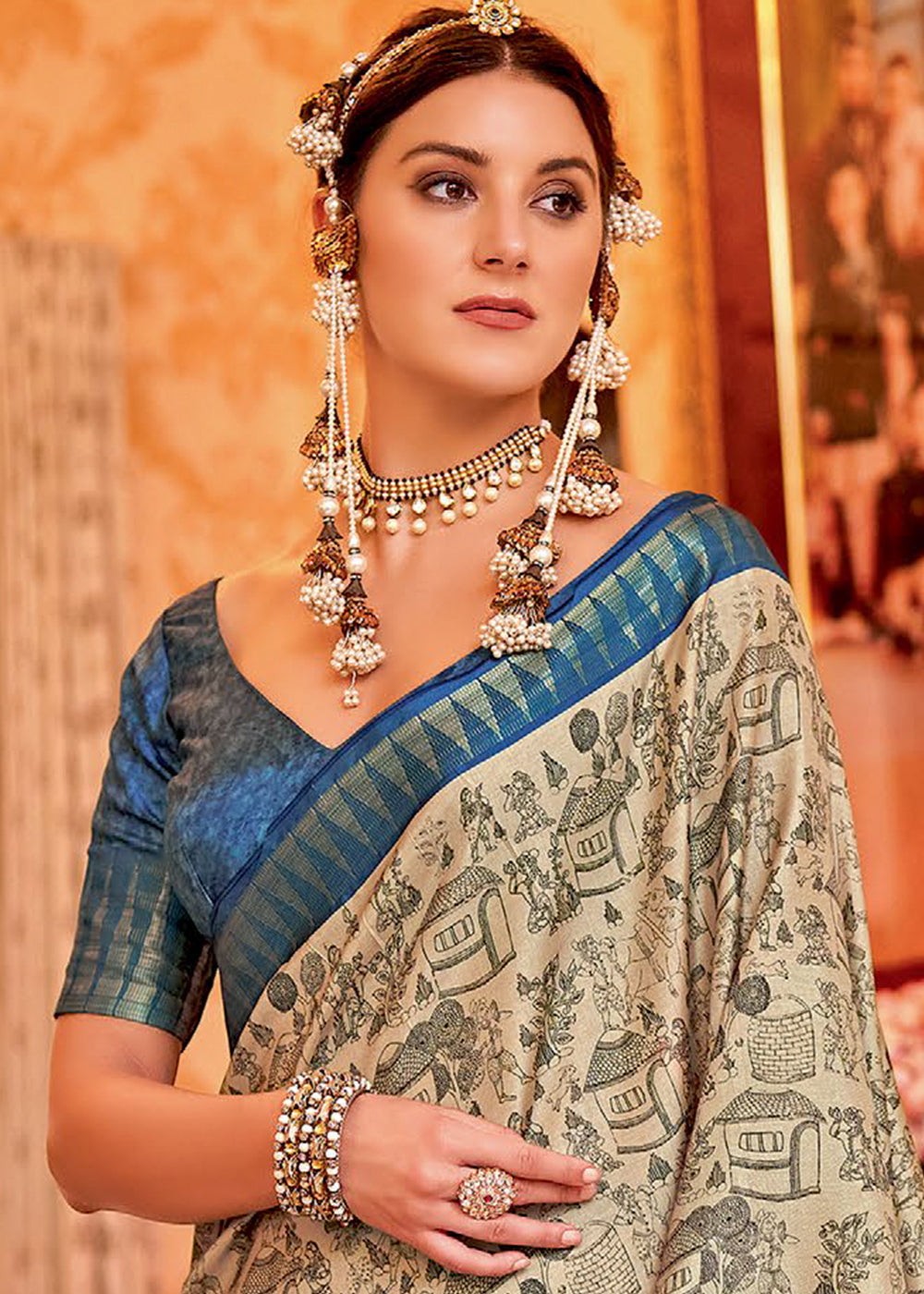 Blue & White Printed Silk Saree