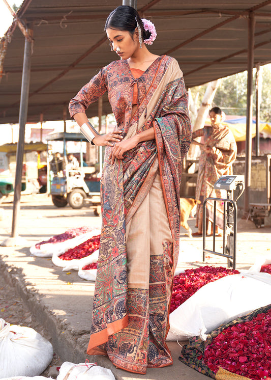 Amber Orange Madhubani Digital Printed Silk Saree