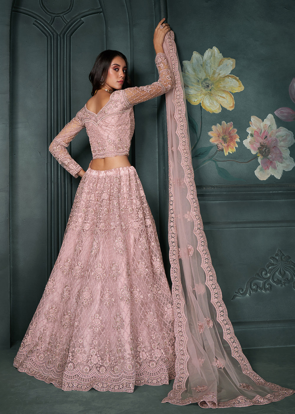 Blush Pink Net Lehenga Choli Beautifully Embroidered with Thread, Badla work & all Over Embellishments Stone work