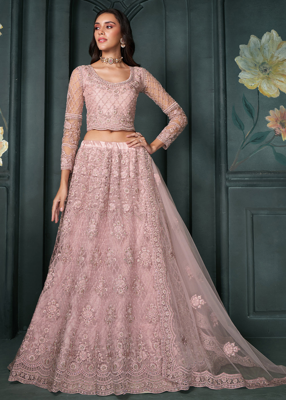 Blush Pink Net Lehenga Choli Beautifully Embroidered with Thread, Badla work & all Over Embellishments Stone work