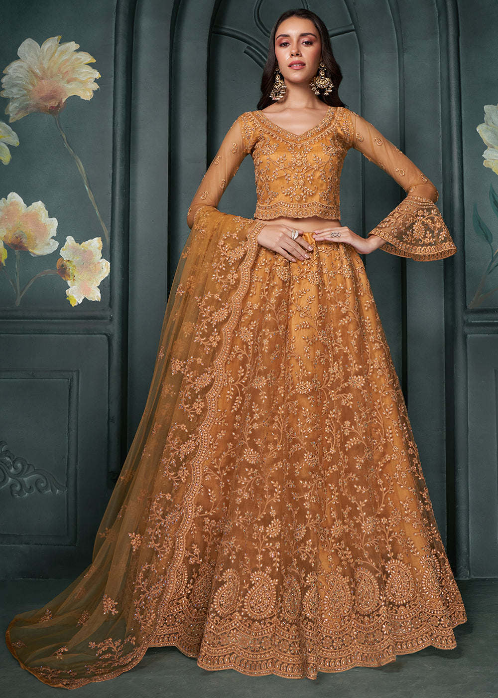 Copper Brown Net Lehenga Choli Beautifully Embroidered with Thread, Badla work & all Over Embellishments Stone work