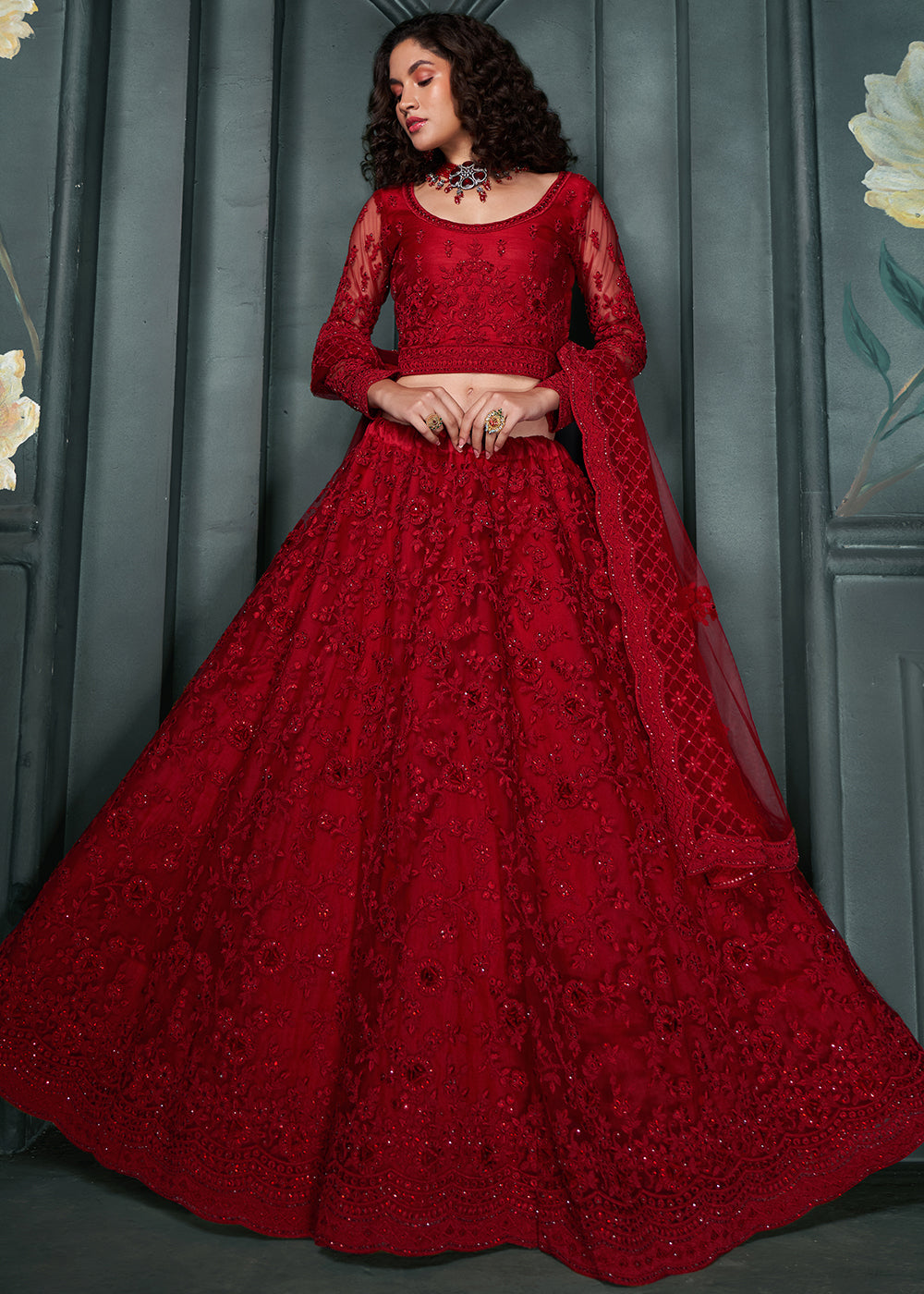 Dark Crimson Red Net Lehenga Choli Beautifully Embroidered with Thread, Badla work & all Over Embellishments Stone work