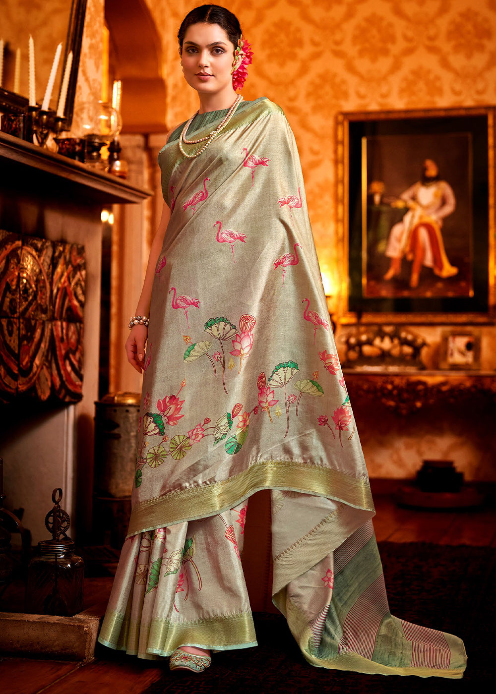 Brownish Grey Floral Printed Manipuri Silk Saree